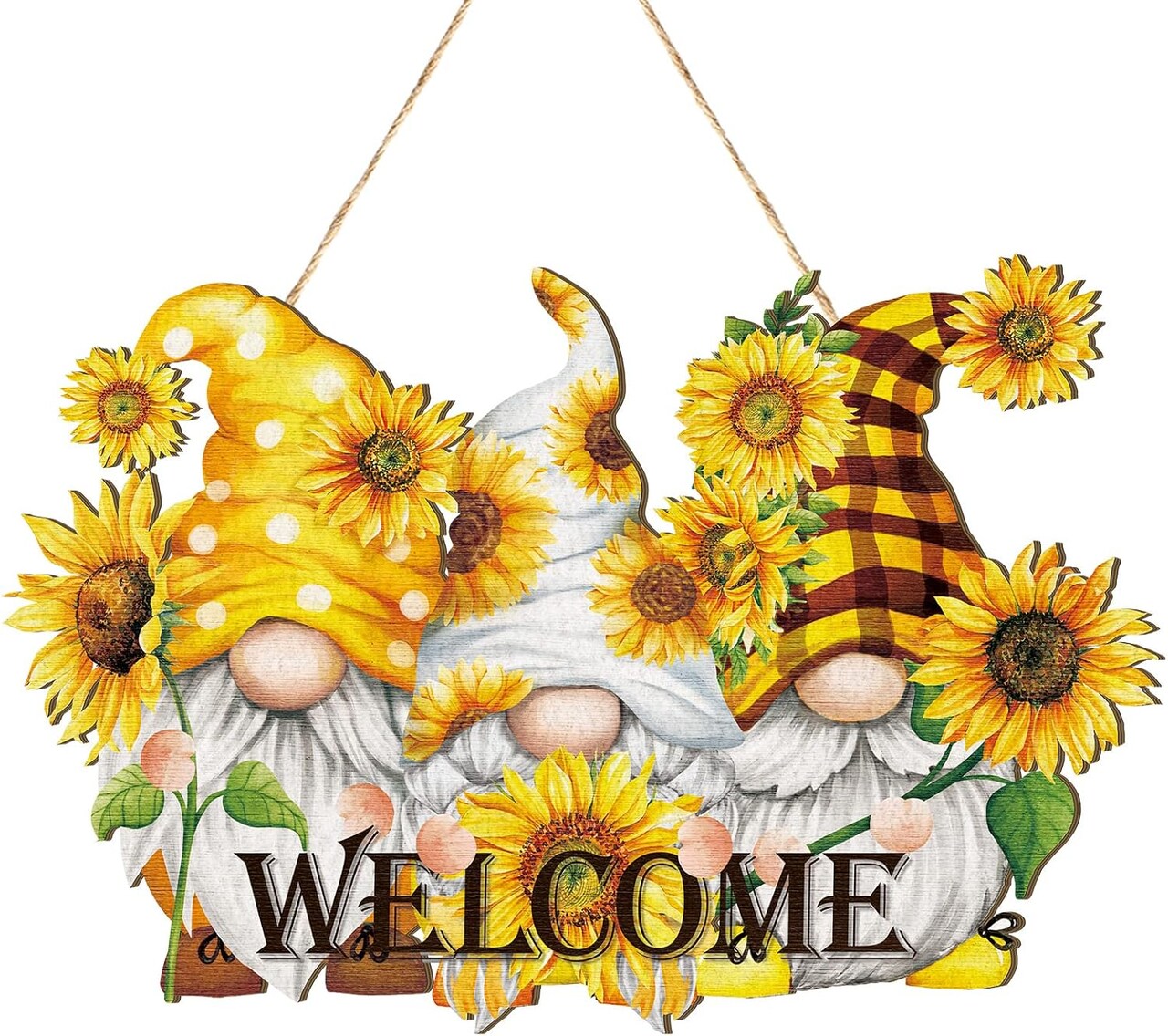 Sunflower Welcome Wood Door Hanger Wooden Gnome Sign Farmhouse Wall Porch Art Summer Fall Front Door Wreath Hanging for Bedroom Living Room Indoor Outdoor Kitchen Home Decor